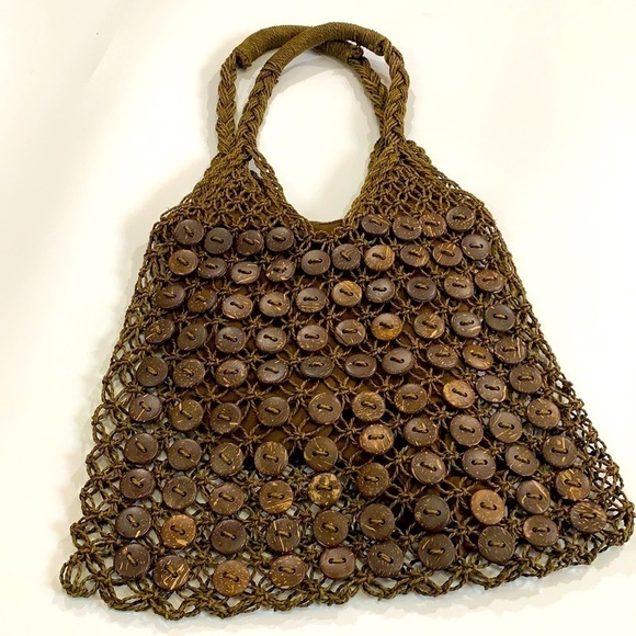 Cappelli Brown straw handbag, button trim, vintage, casual, whimsical, bohemian - Picture 1 of 5